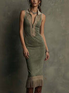 Embroidered Fringe-Hem Sleeveless Midi Dress