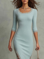 Vintage Lace-trimmed Hem Ribbed Midi Dress