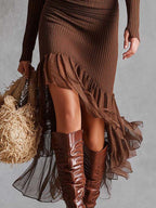 Ribbed Knit Midi Dress With Sheer Ruffled Hem