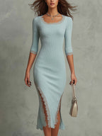 Vintage Lace-trimmed Hem Ribbed Midi Dress